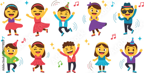 Happy kids dancing and celebrating with music notes and party hats, joyful children party cartoon characters vector illustration set for celebration themes
