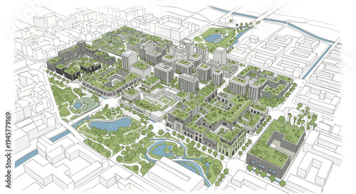 Isometric aerial illustration of urban development with green roofs, parks, and paths.