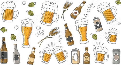 Hand drawn beer mugs, bottles a