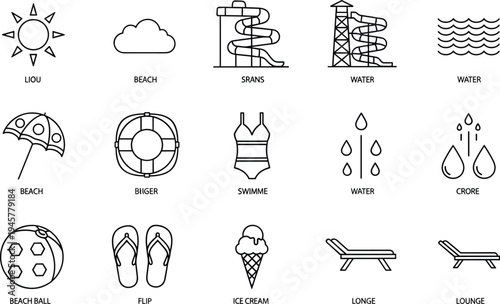 Summer beach icons, sun, cloud, water slide, waves, umbrella, lifebuoy, swimsuit, splash, beach ball, flip flops, ice cream, lounge chair
