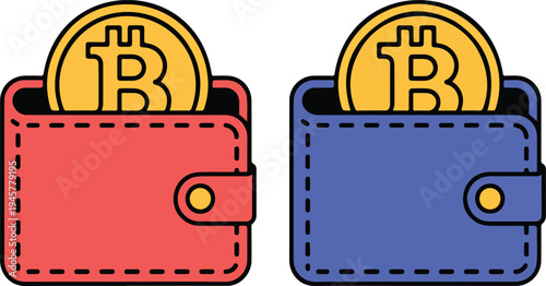 Bitcoin cryptocurrency wallet vector illustration with two colorful wallets holding gold BTC coins in minimalist flat design