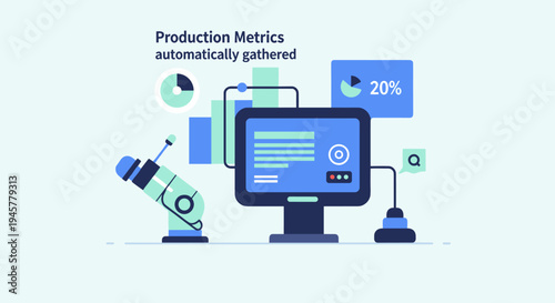 Blue monitor displays data, connected to robotic arm, graphs, and Production Metrics.