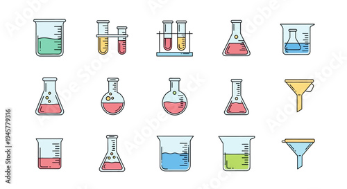 Illustrated chemical glassware elements in a science lab setting for scientific purposes
