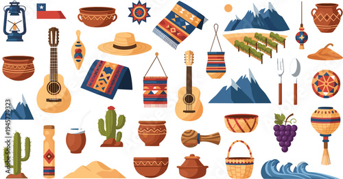 Mexican culture elements collection with guitar, sombrero, pottery, cactus, textiles and traditional symbols vector illustration set