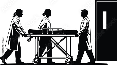 Medical team pushing patient stretcher silhouette, doctors and nurses emergency hospital transport, healthcare workers moving patient bed illustration