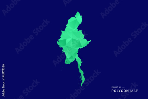 Myanmar Map - low poly polygon vector, geometric triangulated silhouette in green and blue tones, clean modern style, isolated background for infographic use.