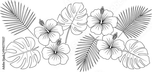 Tropical botanical line art vector featuring hibiscus flowers, monstera leaves, and palm fronds for summer coloring book or minimalist design, 20 words.