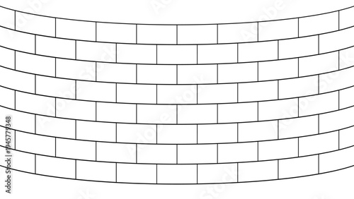 Curved brick wall line art with 3D perspective. Simple geometric outline layout. Seamless repeating arch block pattern on white copy space.