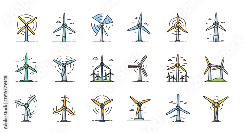 Illustrated Collection of Wind Turbines in Various Designs and Styles for Renewable Energy