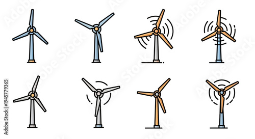 Illustrated collection of windmills with unique designs for energy and environmental concepts