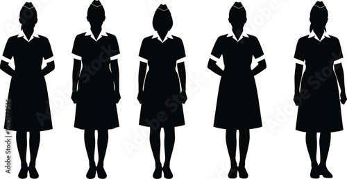 Nurse silhouette collection, female healthcare workers standing poses, medical uniform staff characters, hospital nurse vector illustration set
