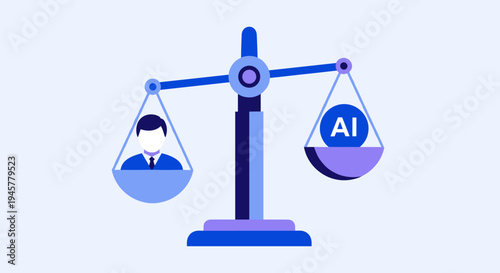 Balance scale shows equilibrium between human figure and AI icon.