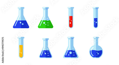 Illustrated laboratory equipment featuring colorful liquid filled beakers and test tubes, flat