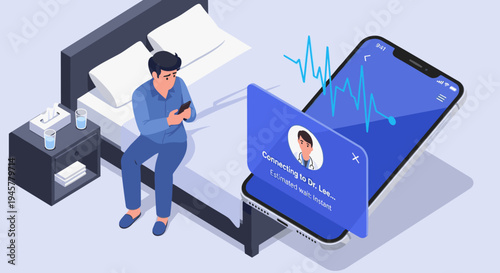 A man in blue pajamas sits on a bed using a smartphone for a telemedicine consultation.