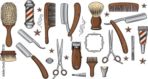 Vintage barber shop tools collection including scissors, straight razors, combs, brushes, clipper and shaving accessories hand drawn vector set