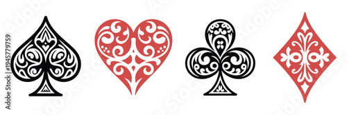 Casino poker card suit ornaments, vector icons of clubs, hearts, diamonds, and spades, featuring ornate decorative designs, perfect for gambling, jackpot themes, casino games, playing card decks, and 