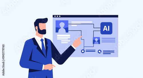 A businessman in a blue suit points at a browser window displaying an AI network diagram.