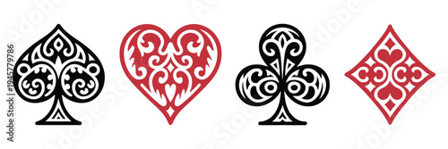 Poker card suit set, decorative hearts, clubs, diamonds, and spades with ornate ornamentation, ideal for casino game design, gambling apps, playing cards, and jackpot or tournament visuals.