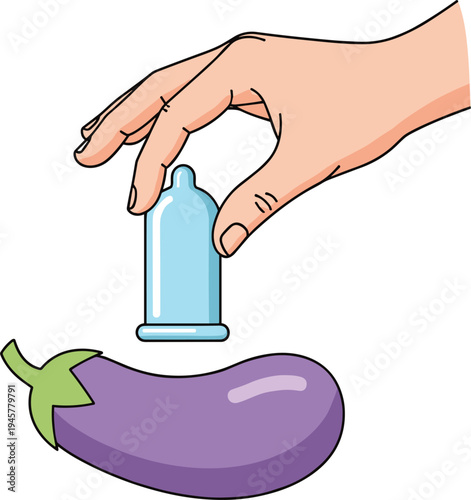 Hand holding condom above eggplant vector illustration, safe sex protection concept using vegetable metaphor for contraception, sexual health and prevention education