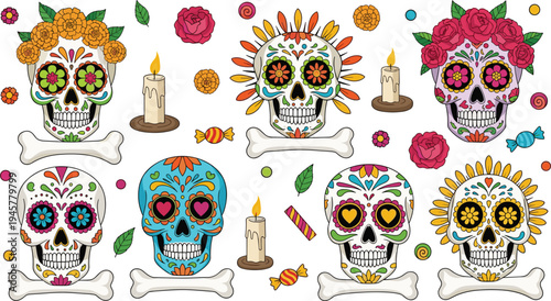 Blue decorative sugar skull collection with candles, roses, bones and candy elements inspired by Mexican Day of the Dead Dia de los Muertos vector set