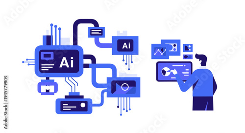 A man interacts with a tablet while complex AI modules process data.