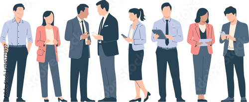 Minimalist business professionals team illustration with diverse corporate people standing together in modern flat vector office character style