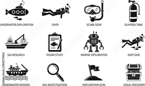 Underwater exploration icons, diver, scuba gear, oxygen tank, research vessel, ocean study, marine exploration, deep dive, sea investigation, discovery