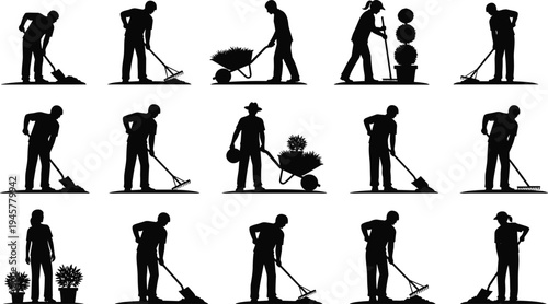 Gardener silhouettes collection showing landscaping workers digging soil, raking leaves, planting and transporting plants with wheelbarrow, garden maintenance activities isolated on white background
