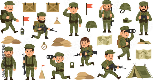 Cartoon soldiers and military equipment collection with army characters, weapons, helmet, tent and tactical gear vector illustration set