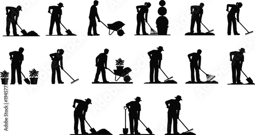 Gardener and landscaping worker silhouettes collection showing digging, raking, planting and garden maintenance activities with tools and wheelbarrow isolated on white background