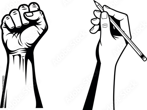 Two hands one fist and one holding pencil