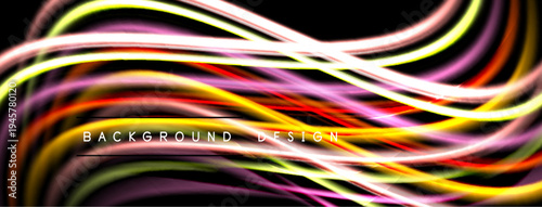 Vibrant colorful lines flow across black background. Dynamic curves create modern abstract design. Bright energy radiates from composition.
