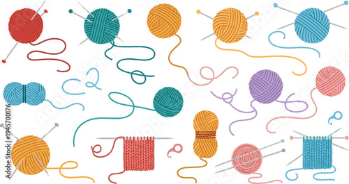 Colorful knitting yarn balls with needles and threads collection, handmade crochet and knitting craft supplies vector illustration set for hobby and textile design