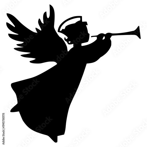 A minimalist black silhouette of an angel blowing a trumpet on a white background