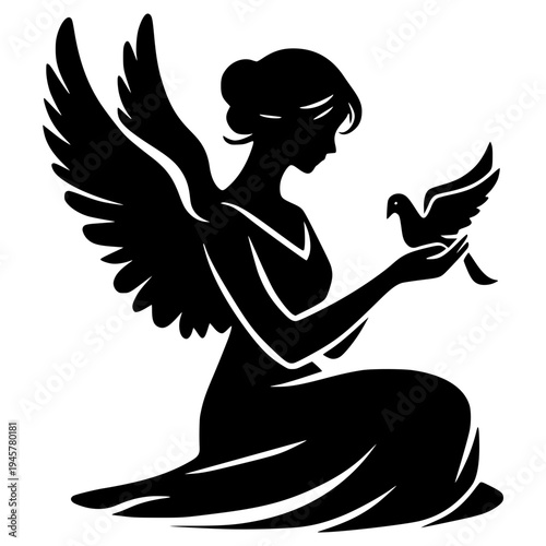 A serene angel silhouette holding a dove in her hand, symbolizing peace and harmony