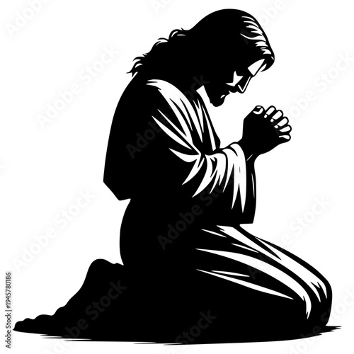 A black silhouette illustration of Jesus Christ kneeling in prayer with clasped hands