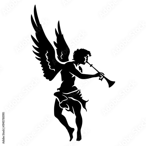 A black silhouette of an angel playing a trumpet with large wings spread wide on a white background