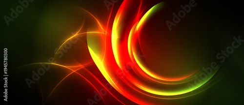 Abstract design features vibrant curves, flowing lines. Red, orange, yellow hues dominate dark background. Dynamic energy radiates from central form.