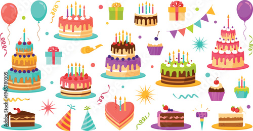 Colorful birthday cake and party elements collection with candles, balloons, gifts, cupcakes and confetti festive celebration vector illustration set