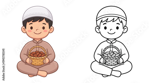 Illustration of a young boy in traditional attire holding a basket of decorated eggs with a cheerful expression and seated in a