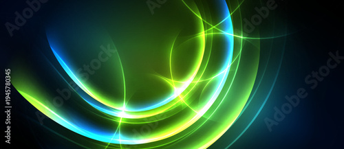 Abstract luminous curves, vibrant green, blue hues. Dynamic energy radiates from central glow, dark background enhances visual impact.