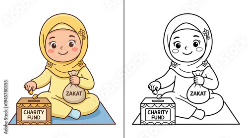 Illustration of a young girl engaging in charitable giving with a charity fund and Zakat bag