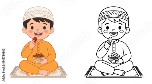 Adorable young boy joyfully enjoying a sweet treat while sitting cross-legged on a prayer mat wearing traditional attire and a