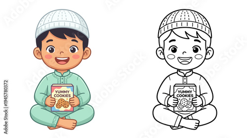 Cute cartoon boy sitting cross-legged with a beanie holding a box of cookies and smiling cheerful expressions