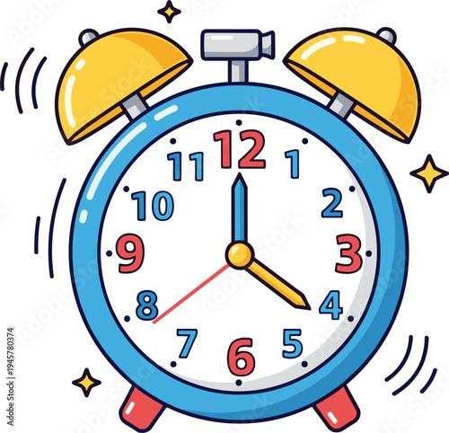 Cute Alarm Clock Cartoon Vector Illustration with Blue and Yellow Bell Timepiece and Wake-Up Morning Concept Design