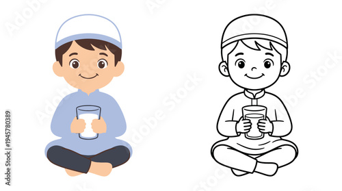 Adorable young boy sitting cross-legged and smiling while holding a cup of milk wearing a hat and casual clothes in a joyful and