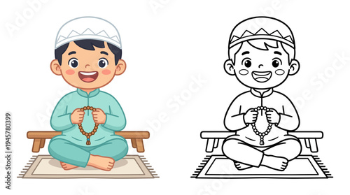 Joyful young boy sitting cross-legged with prayer beads on a prayer mat, expressing happiness and spiritual focus in a simple