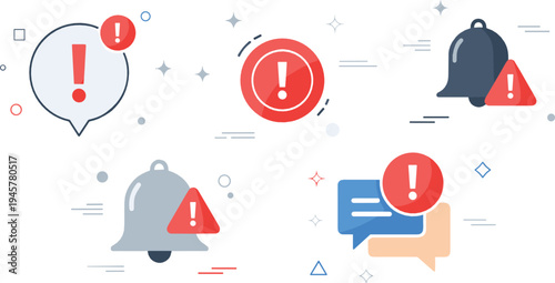Alert and notification icons collection with warning symbols, message bubbles and bell alerts, modern user interface illustration set