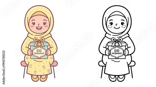 Joyful cartoon girl wearing hijab holding Eid Mubarak gift box smiling cheerful celebration