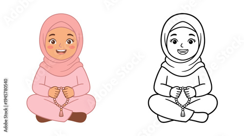 Adorable young girl in pink traditional attire holding prayer beads with joyful expression